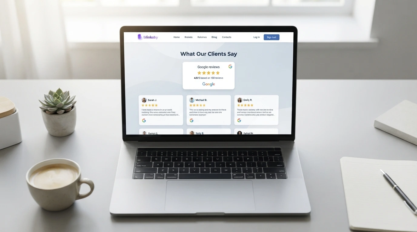 Blinksby Google review widget embedded on a business website showing 5-star reviews auto-sync, one-line embed
